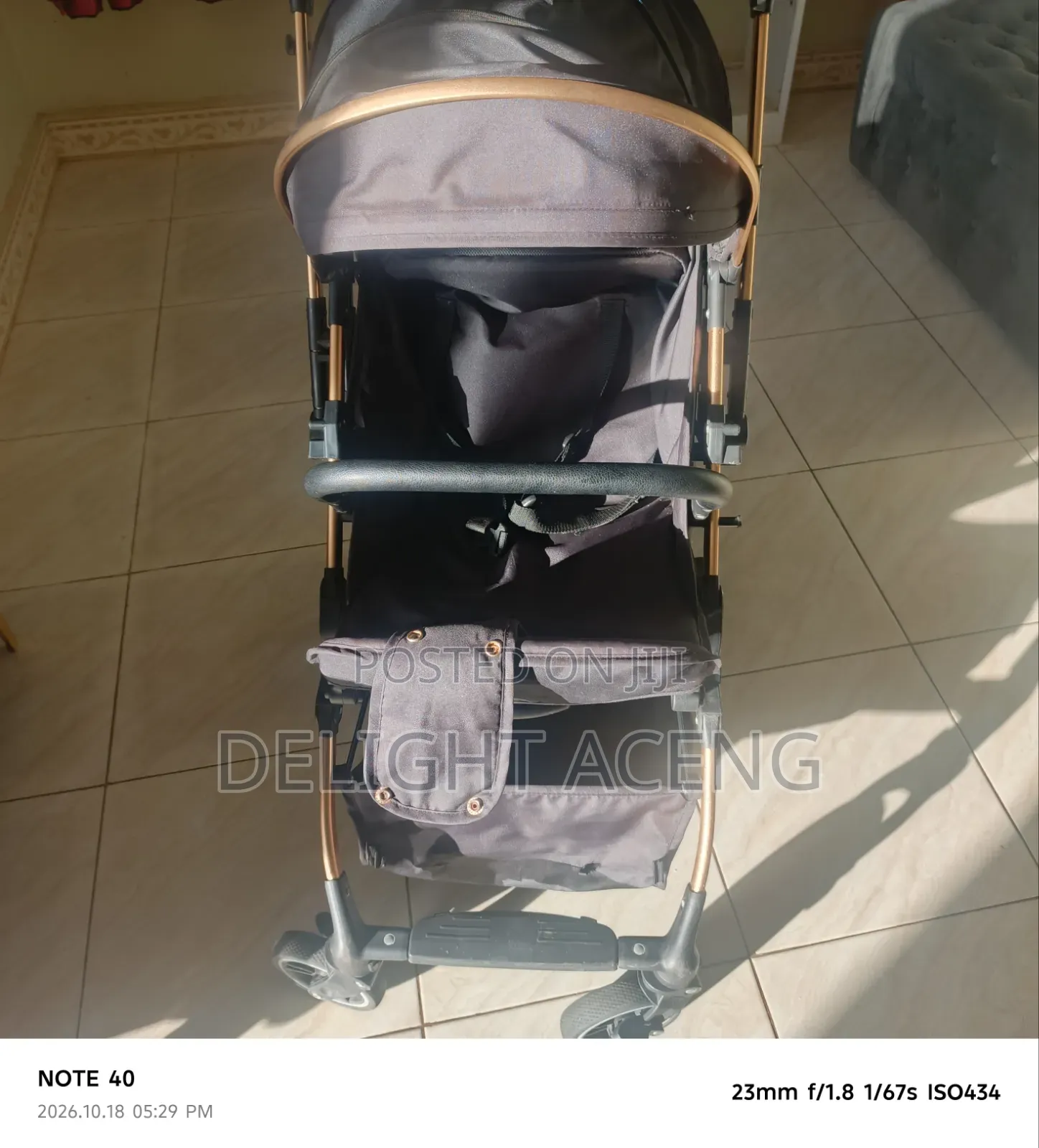 Luxury Baby Stroller- Foldable, Gold Frame, Reclines for Sleep, Strong