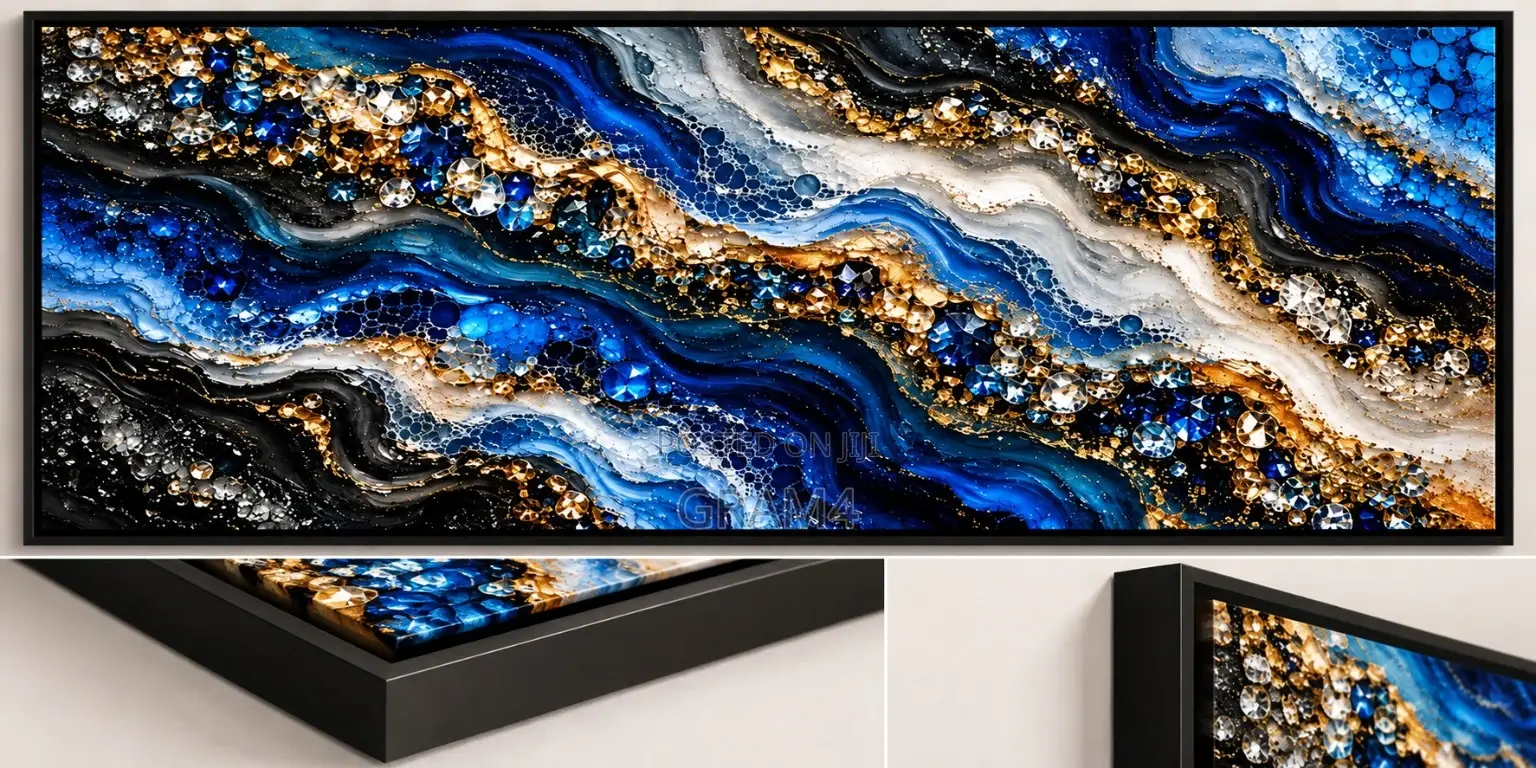 Blue Gold 3d-Effect Abstract Wall Art 120x60cm – Framed Canvas