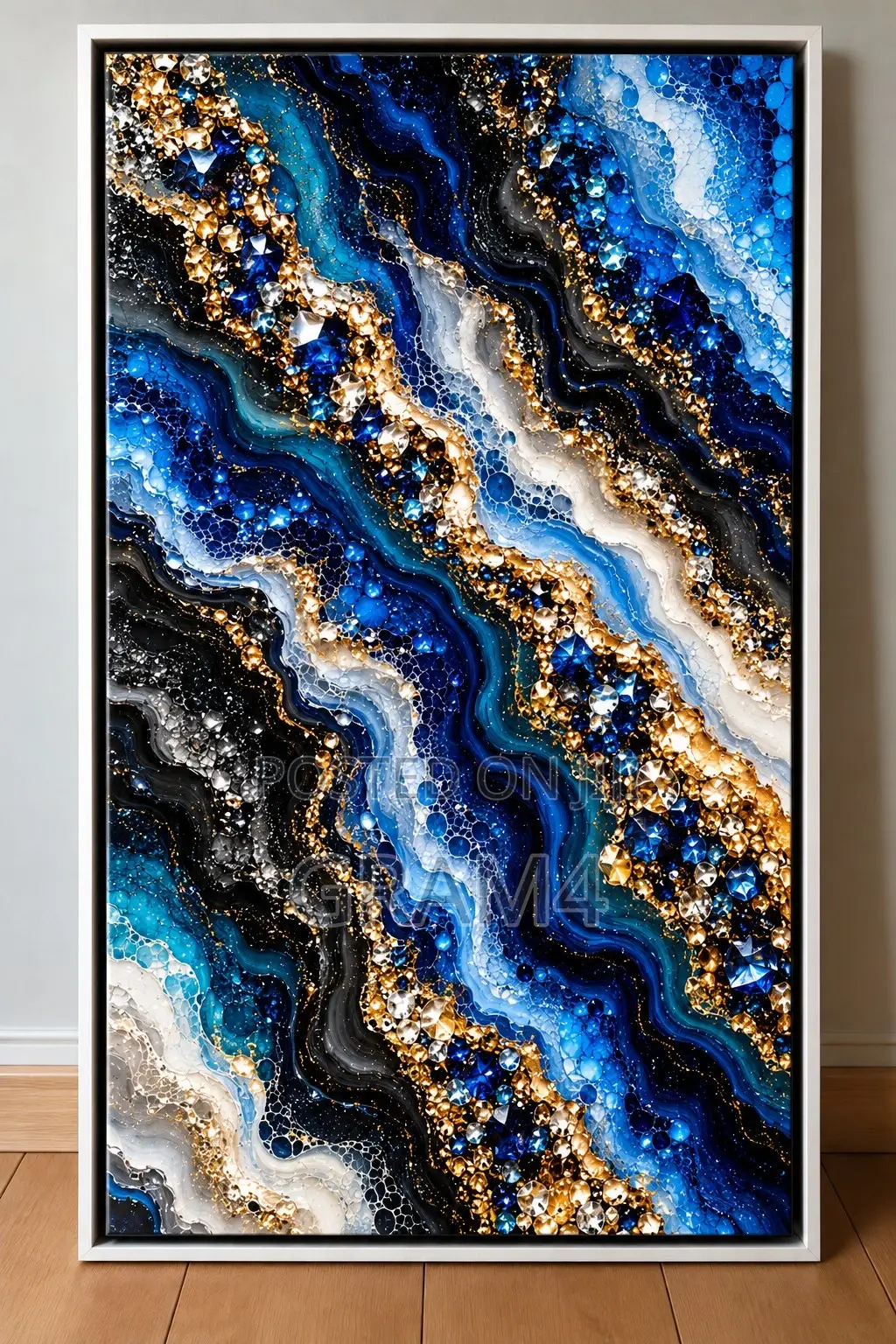 Blue Gold 3d-Effect Abstract Wall Art 120x60cm – Framed Canvas