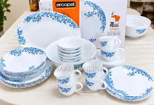 Arcopal Aliya Blue 38-Piece Opal Glass Dinnerware Set Floral Tableware