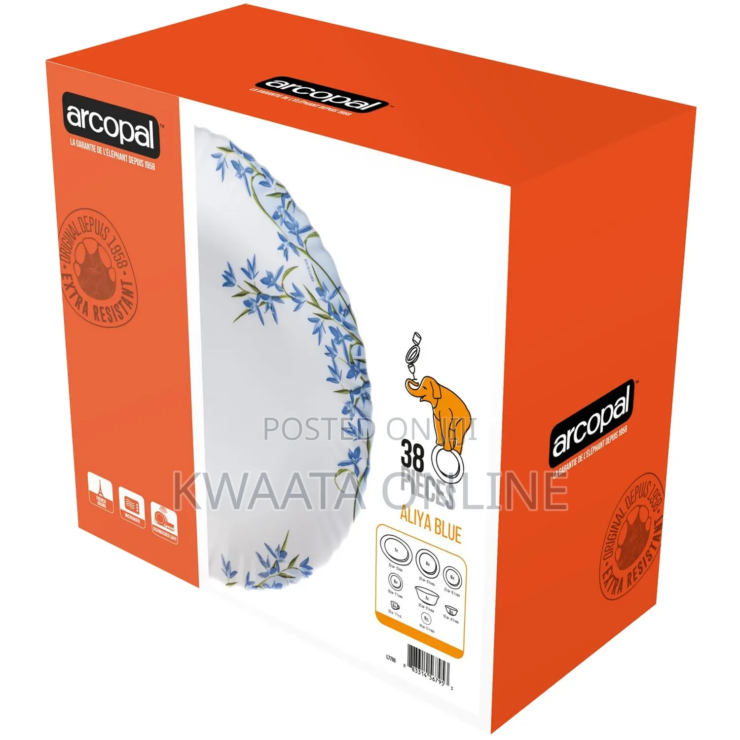Arcopal Aliya Blue 38-Piece Opal Glass Dinnerware Set Floral Tableware