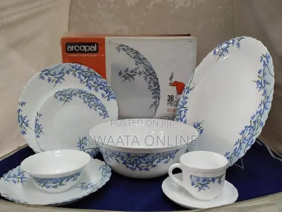 Arcopal Aliya Blue 38-Piece Opal Glass Dinnerware Set Floral Tableware