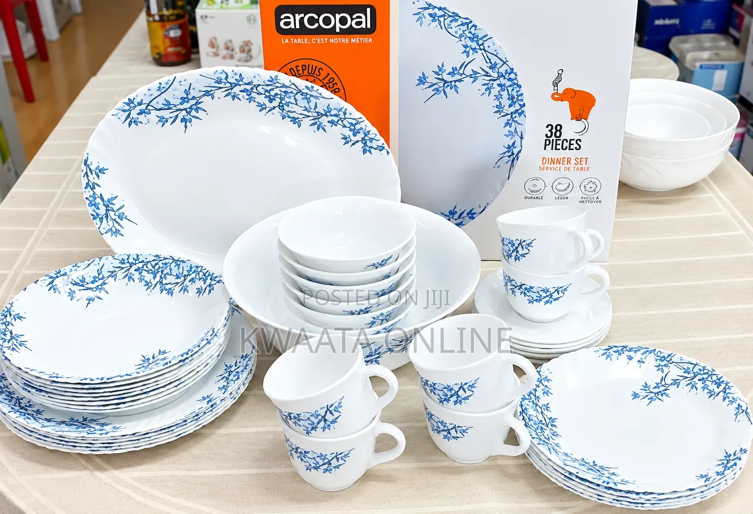 Arcopal Aliya Blue 38-Piece Opal Glass Dinnerware Set Floral Tableware