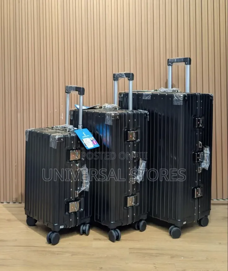 Black Hardshell, Ribbed Aluminum-Frame Travel Suitcases