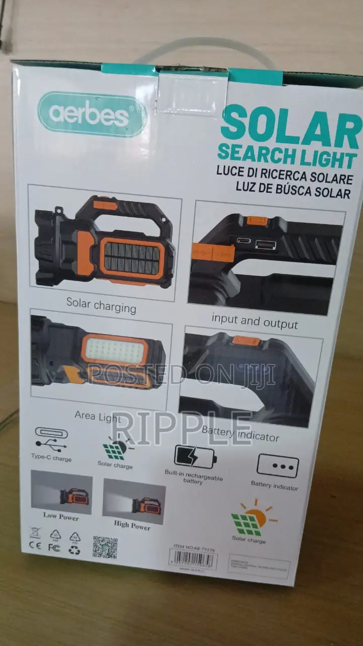 Aerbes Solar Rechargeable Searchlight 1500 Lumens USB Power Bank