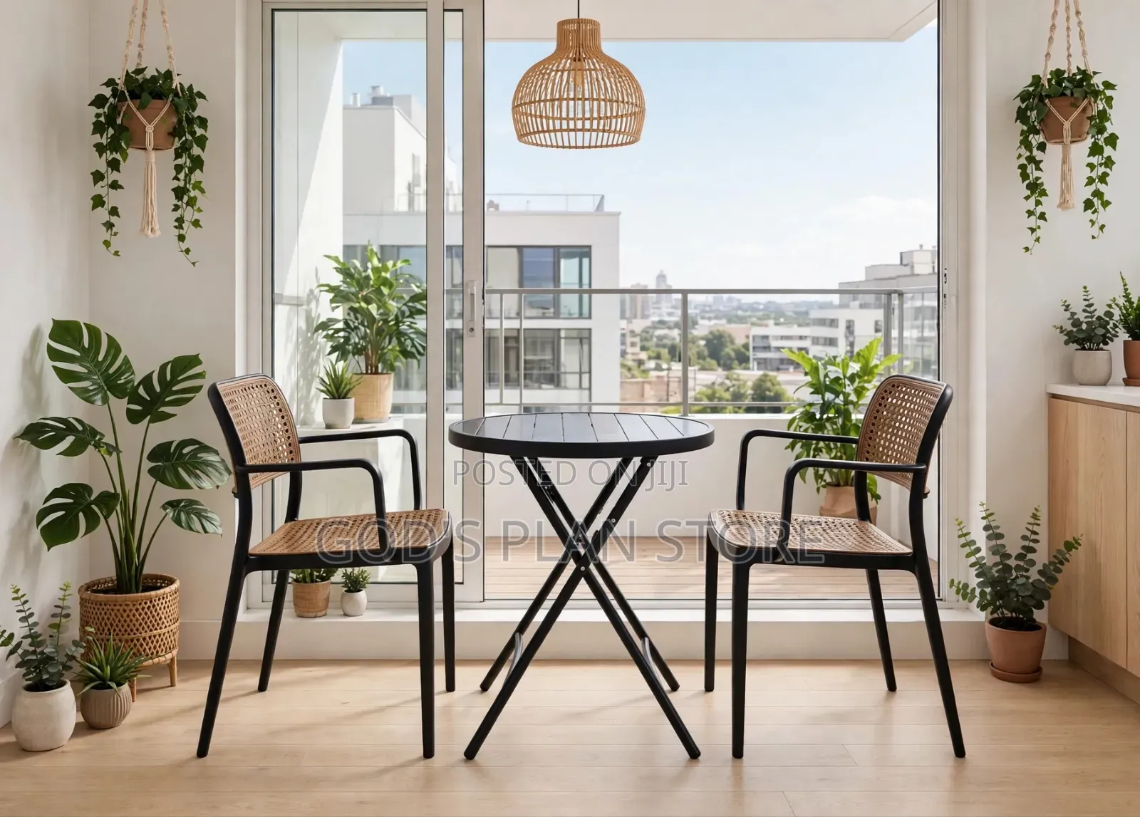 Black Foldable Table and Rattan Plastic Chairs for Dining