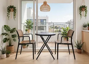 Black Foldable Table and Rattan Plastic Chairs for Dining
