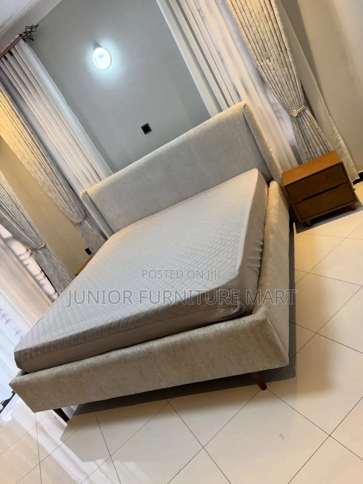 Modern Fabric Bed in Soft Grey