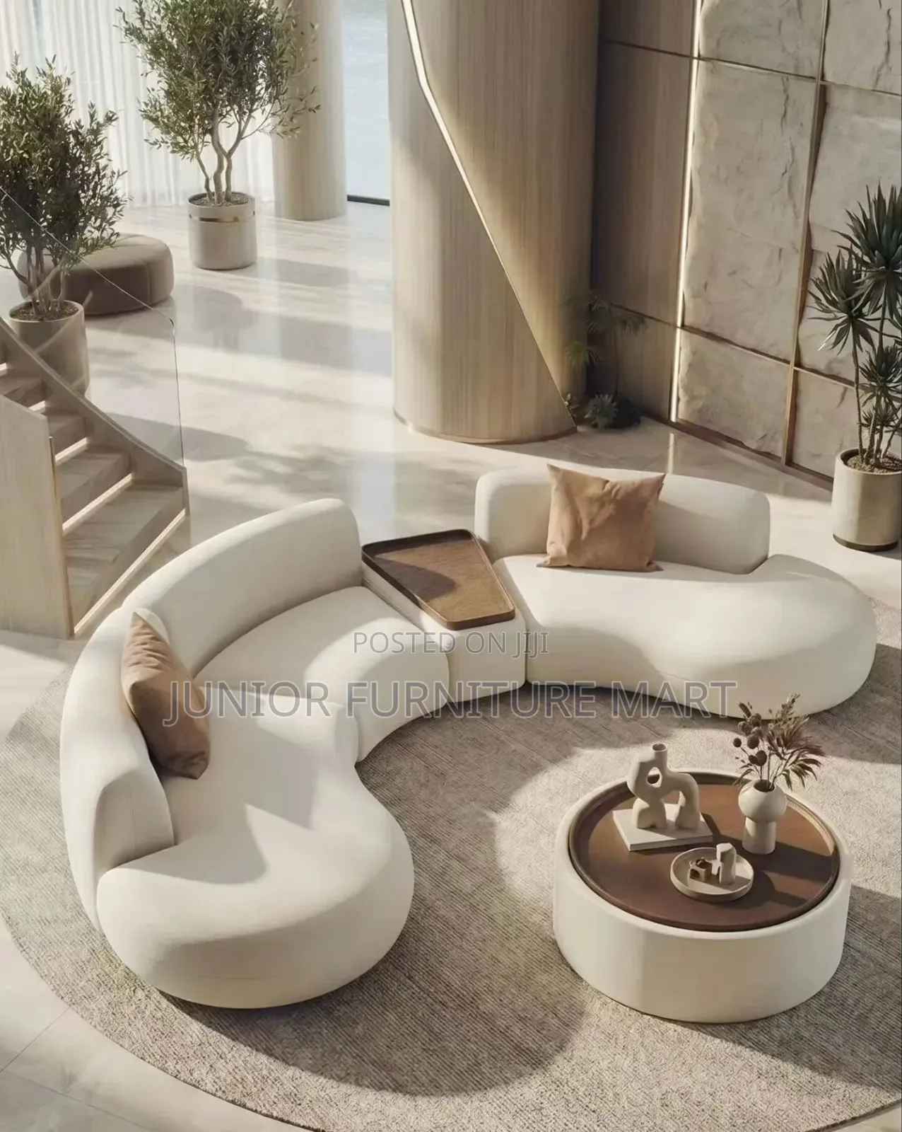 Modern Round Sofa Set in Soft Cream Fabric