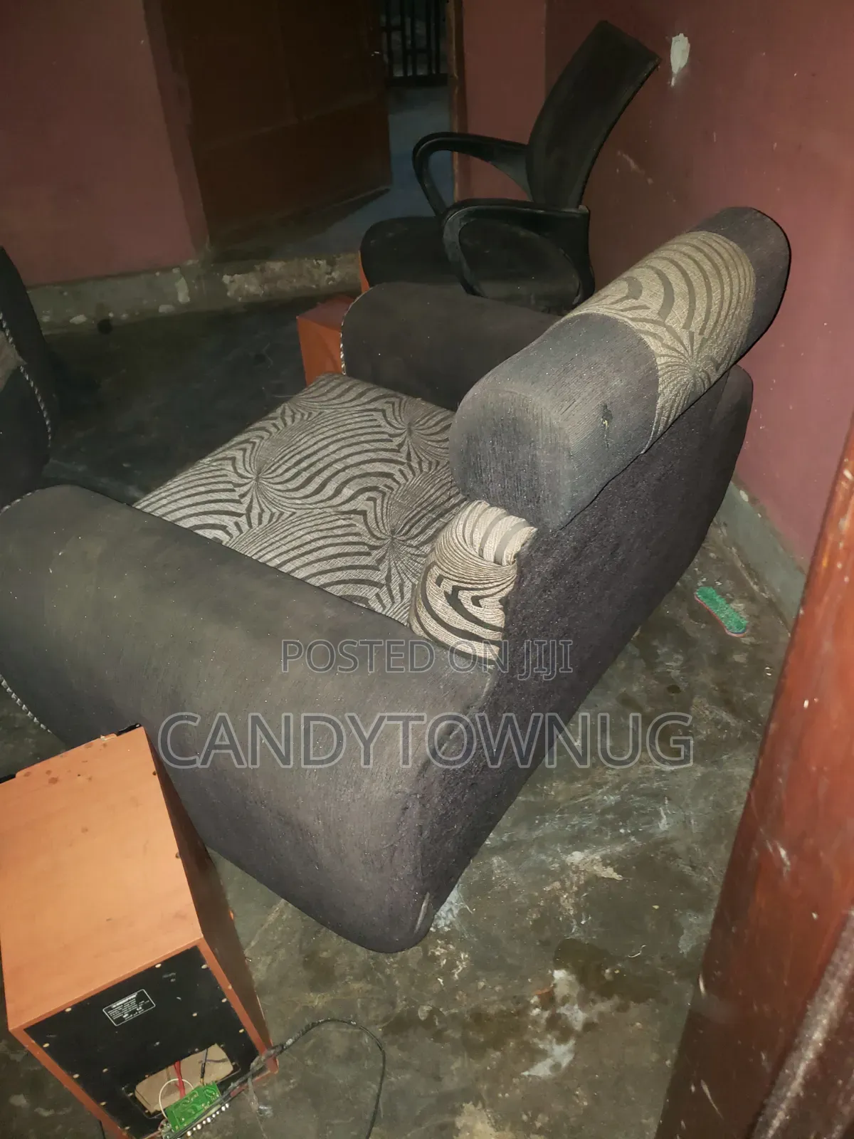 Used Modern 2-Seater Sofa Set (Dark Grey & Patterned) + a One Seater