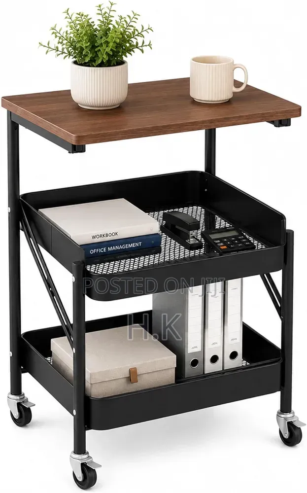 3 Tier Metal Storage Rolling Trolley Cart With Wooden Top