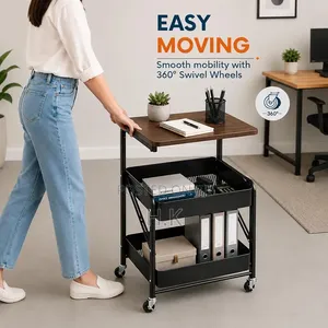 3 Tier Metal Storage Rolling Trolley Cart With Wooden Top