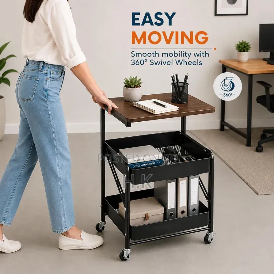 3 Tier Metal Storage Rolling Trolley Cart With Wooden Top