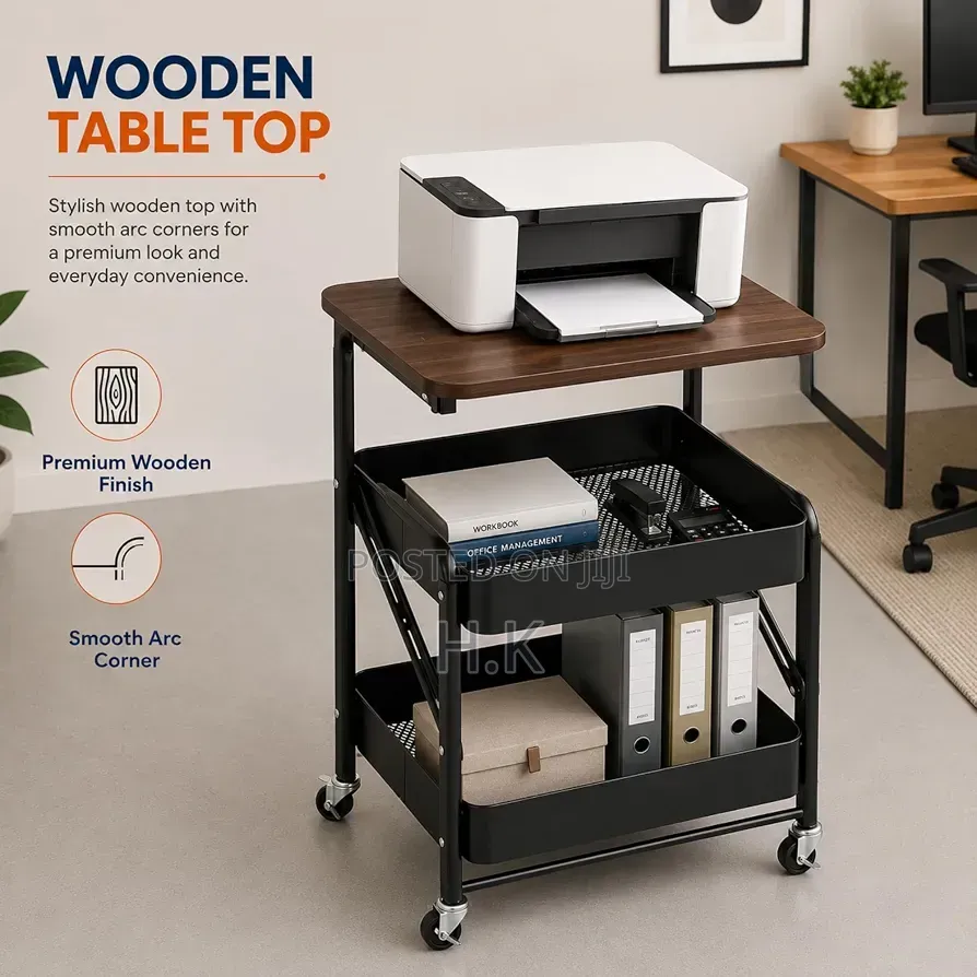 3 Tier Metal Storage Rolling Trolley Cart With Wooden Top