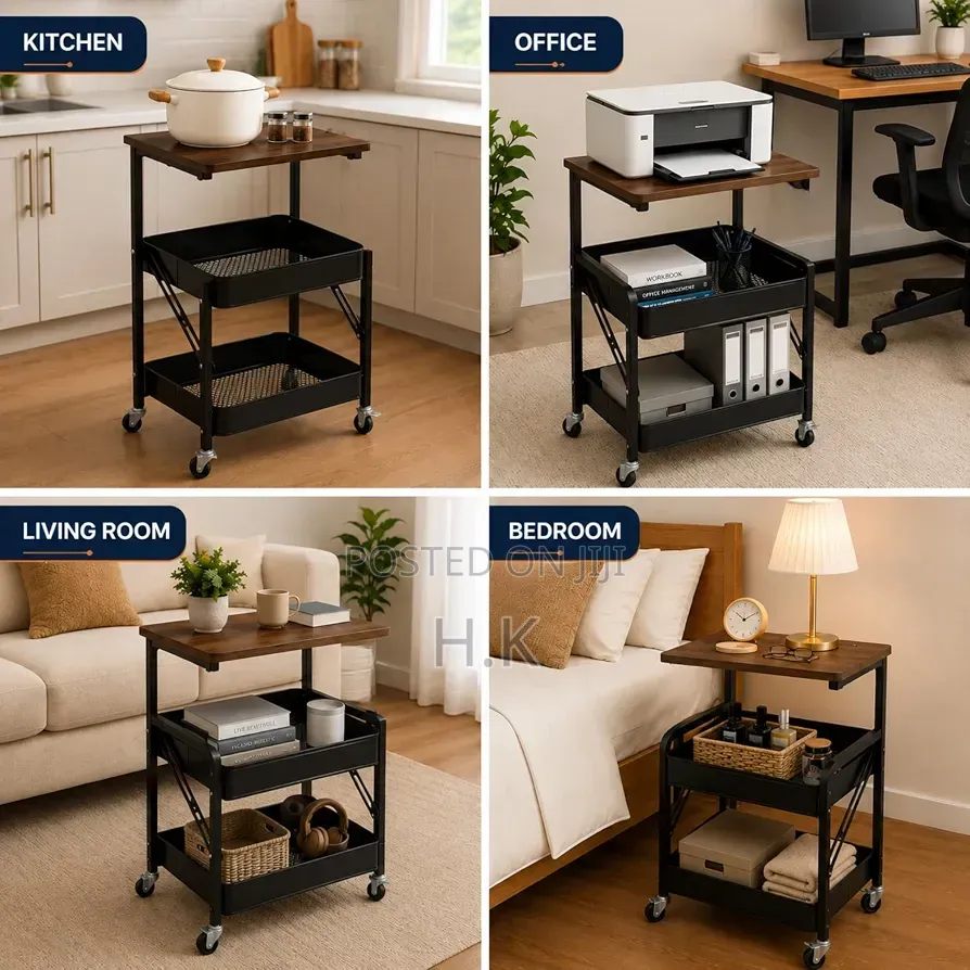 3 Tier Metal Storage Rolling Trolley Cart With Wooden Top