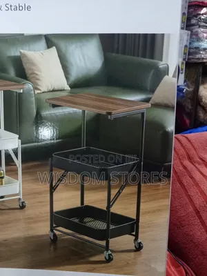 3-Tier Foldable Rolling Utility Cart With a Wooden Tabletop.