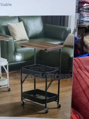 3-Tier Foldable Rolling Utility Cart With a Wooden Tabletop.