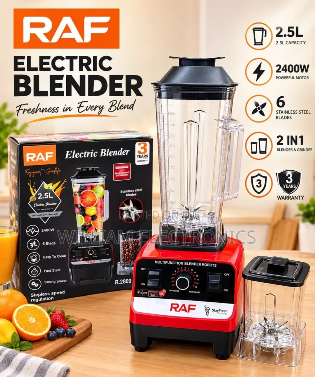 Raf 2.5L R. 2809 Stainless Steel 6 Blades Blender & Grinder 2400W