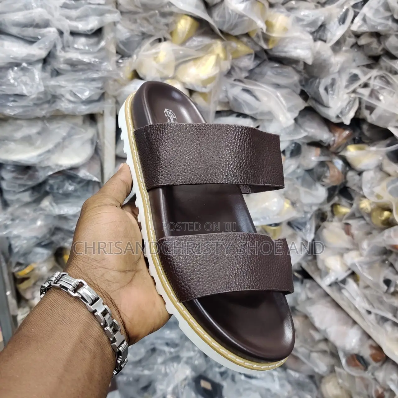 Mens Double Strap Slides Black ,Brown and White