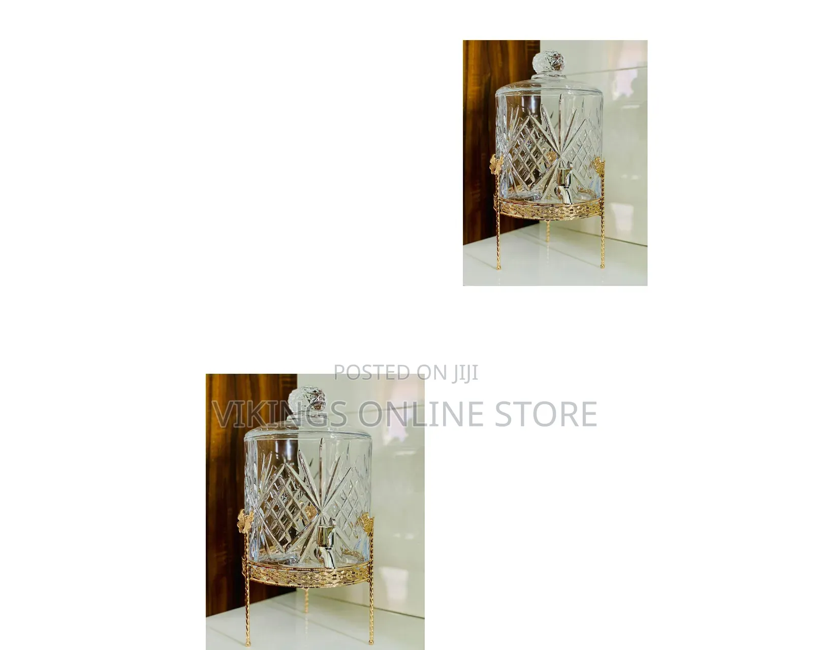 Crystal-Cut Glass Beverage Dispenser With a Decorative Gold Metal