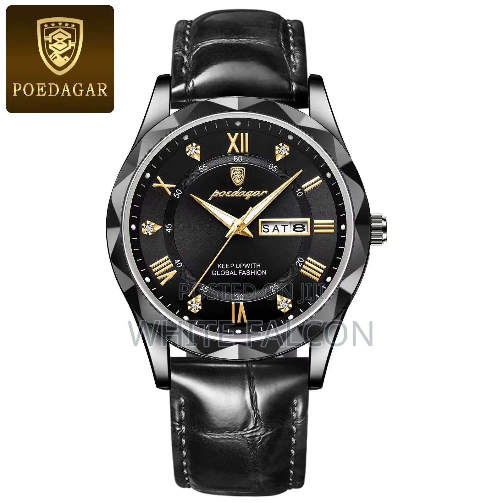 POEDAGAR 615 Leather Men’s Watch Black-Black