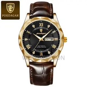 POEDAGAR 615 Leather Men’s Watch Gold Black