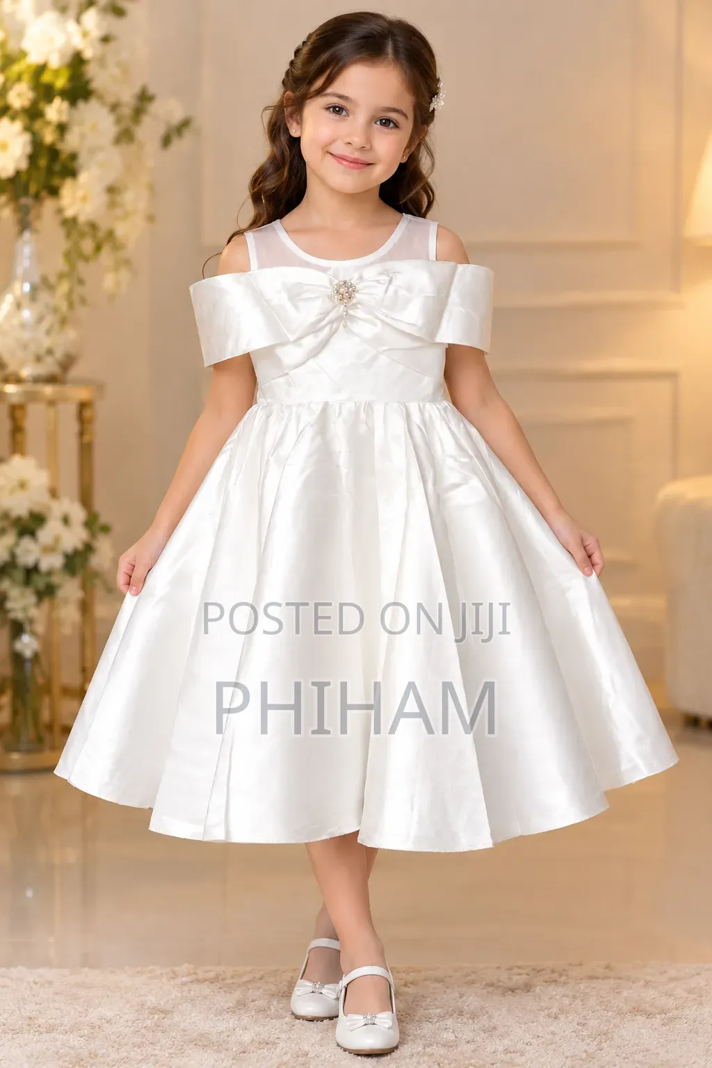 Girls White Satin Party Dress