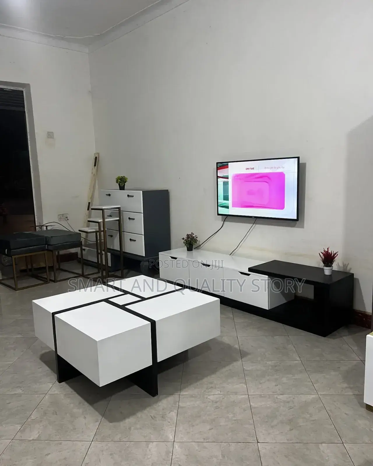 TV Stand and Center Table White and Black Laminate