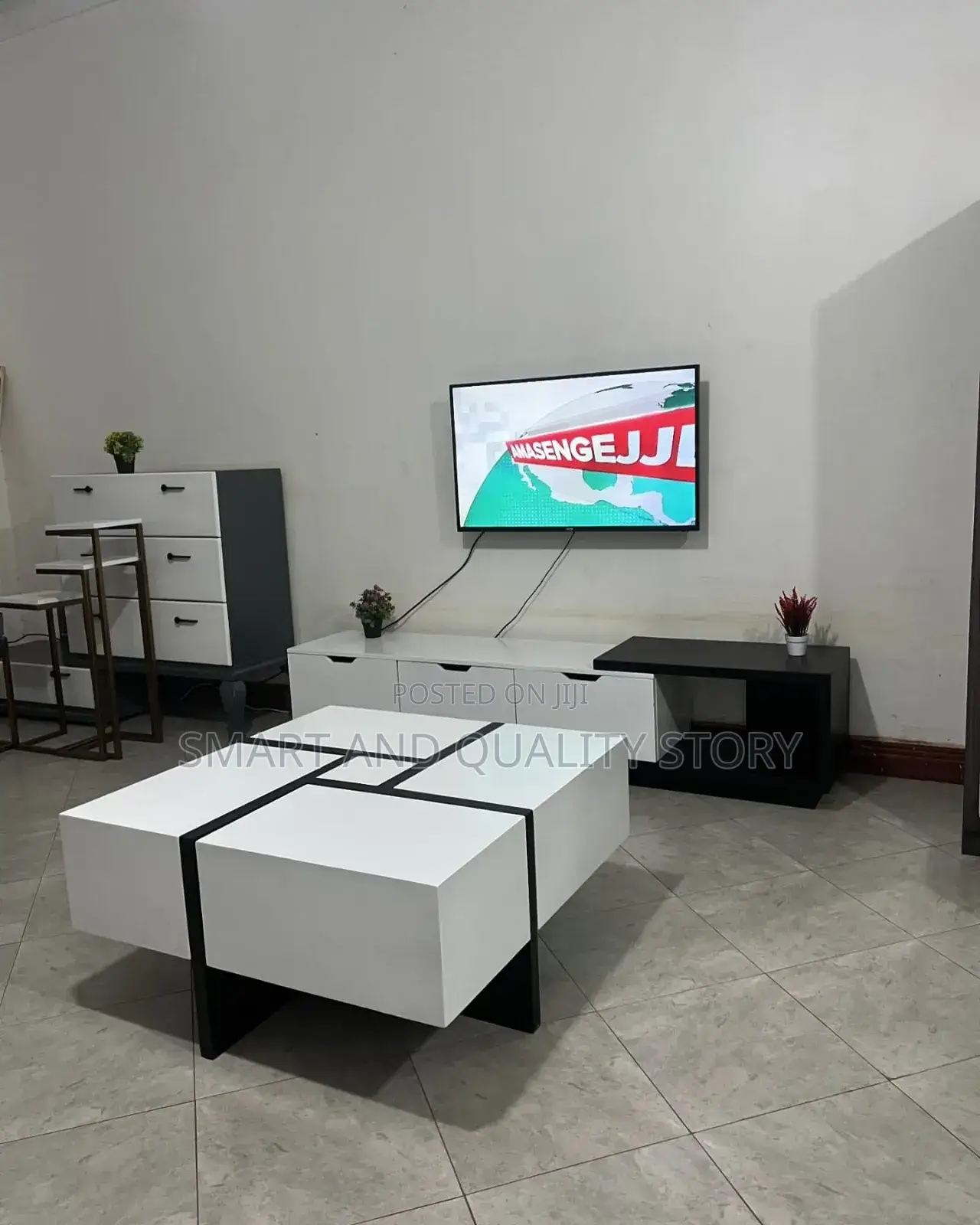 TV Stand and Center Table White and Black Laminate