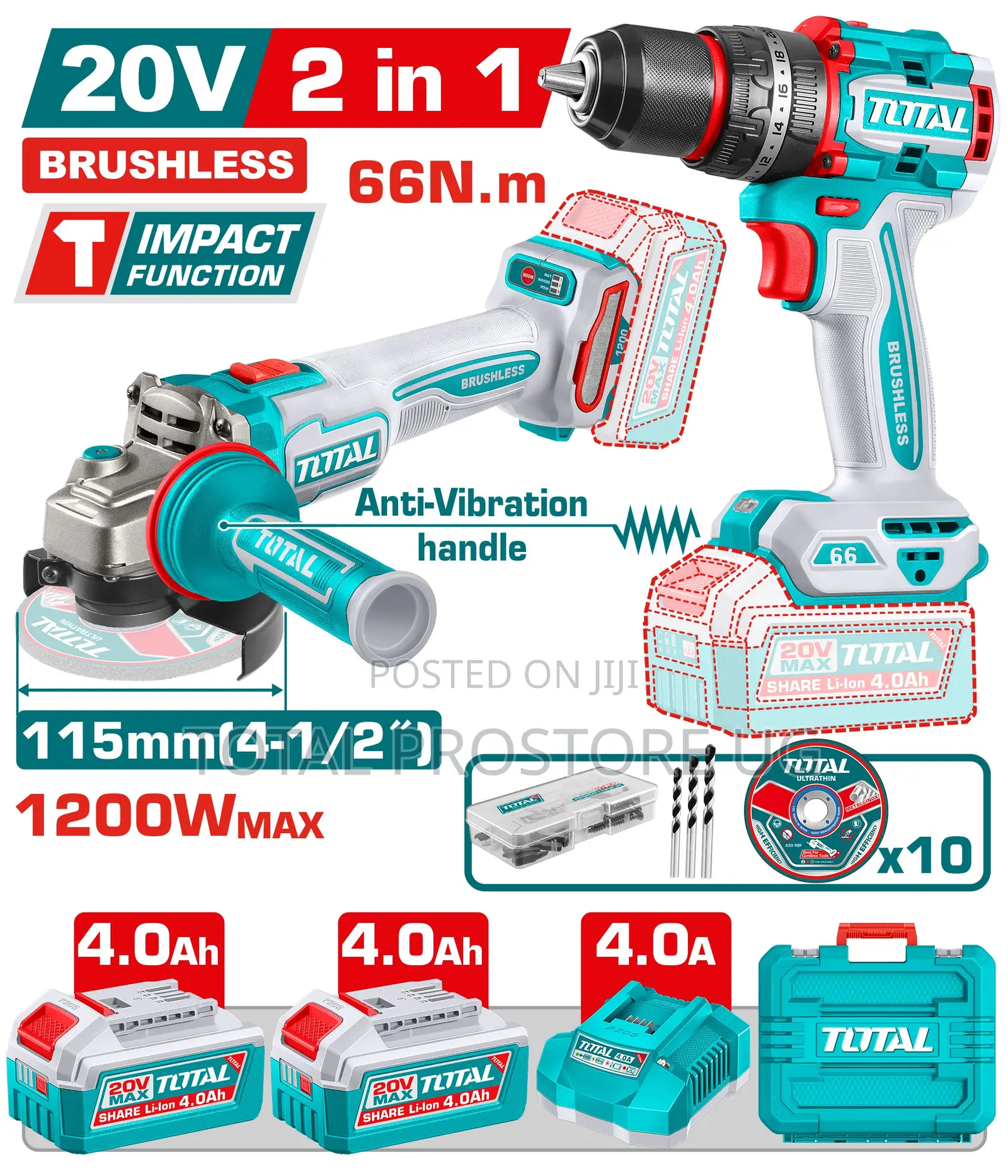 2 PCS Cordless Combo Kit 20v/1200w 66 n.m 115mm(4-1/2")