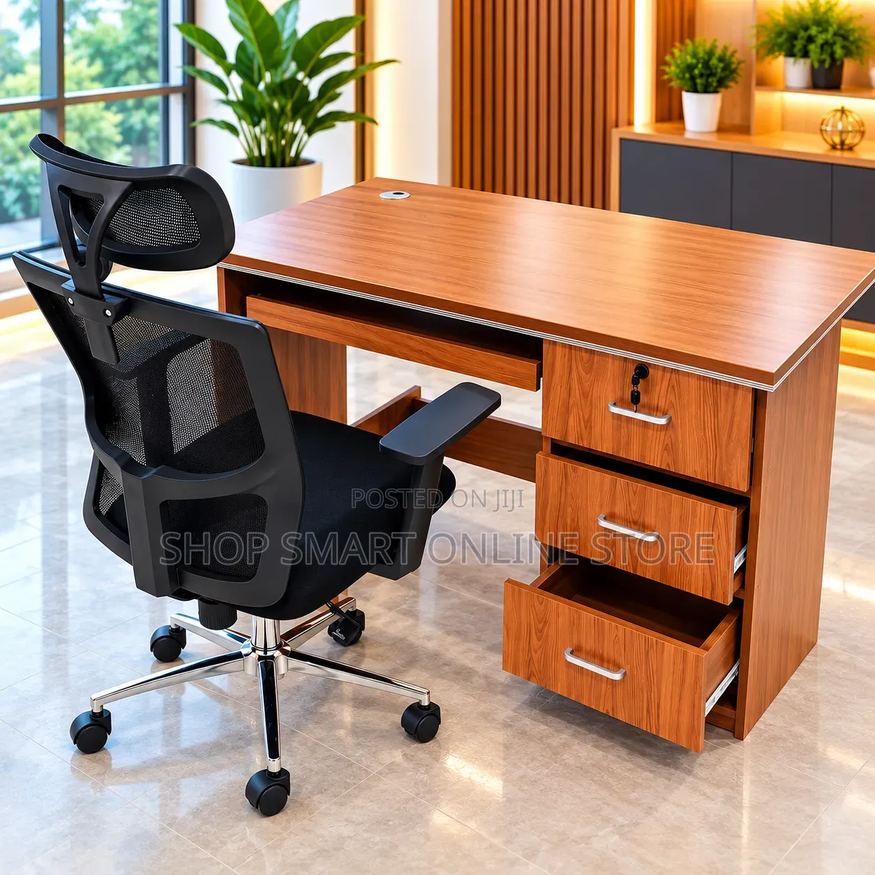 Modern Executive Wooden Office Desk and Ergonomic Mesh Office Chair