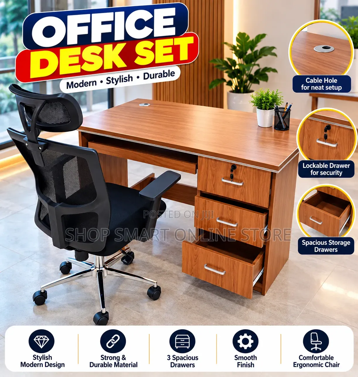 Modern Executive Wooden Office Desk and Ergonomic Mesh Office Chair
