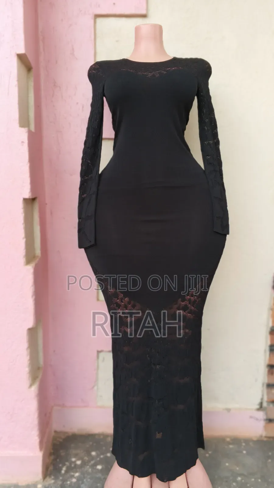 Elegant Black Long-Sleeve Lace Maxi Dress for Women