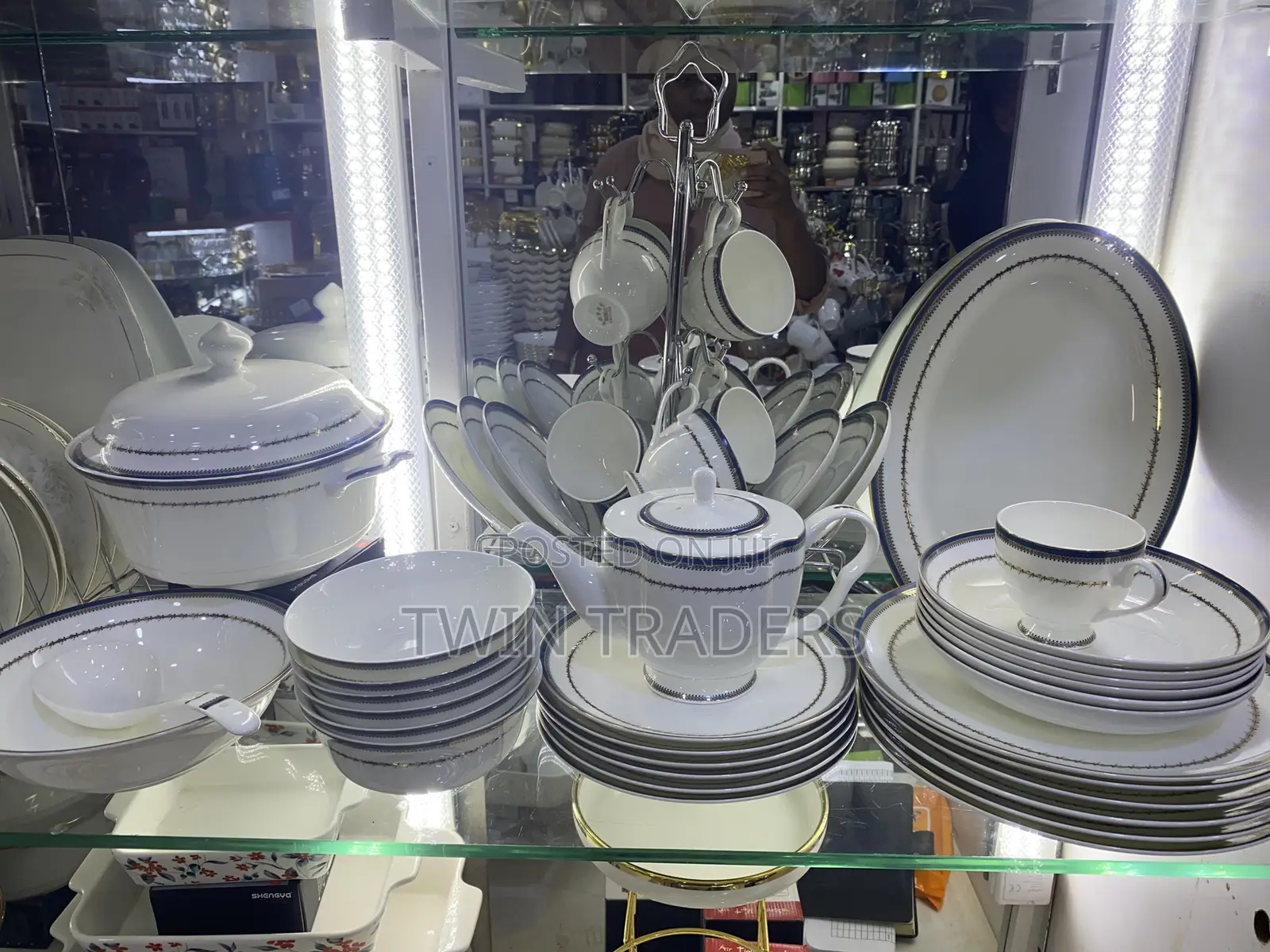 Creamic Dinner Combo Set White and Blue Designs of 42 Pieces