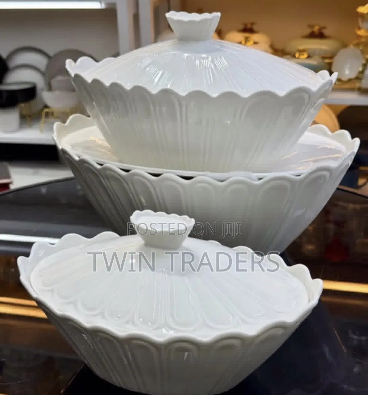 3pcs White Lotus Serving Bowls With Lids-Creamic Tureen Set -Serving