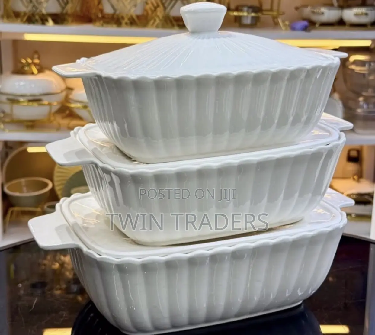 3pcs Rectangle Lotus Casserole Set With Lids-White Creamic Dish