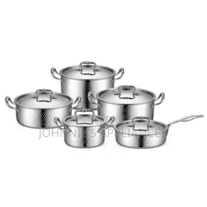 YOTAKO Stainless Steel Hammered Cookware Set With Lids and Long Handl