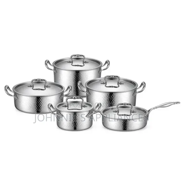 YOTAKO Stainless Steel Hammered Cookware Set With Lids and Long Handl