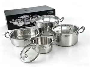 YOTAKO Stainless Steel Hammered Cookware Set With Lids and Long Handl