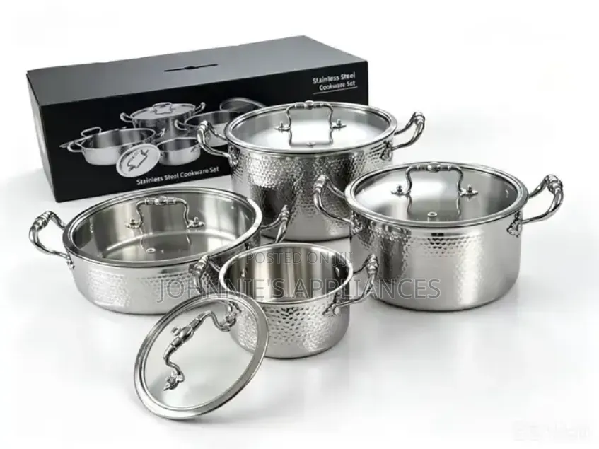 YOTAKO Stainless Steel Hammered Cookware Set With Lids and Long Handl