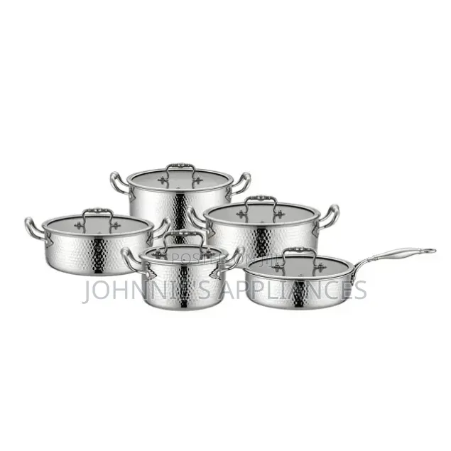 YOTAKO Stainless Steel Hammered Cookware Set With Lids and Long Handl