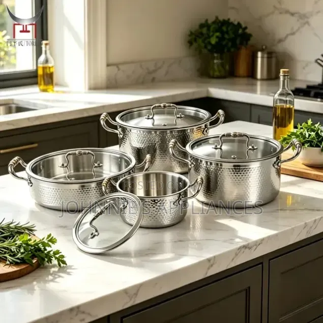 YOTAKO Stainless Steel Hammered Cookware Set With Lids and Long Handl