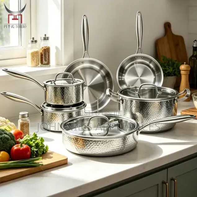 YOTAKO Stainless Steel Hammered Cookware Set With Lids and Long Handl