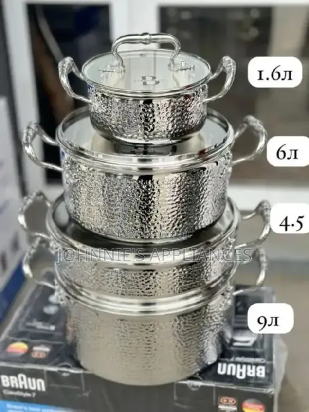 YOTAKO Stainless Steel Hammered Cookware Set With Lids and Long Handl