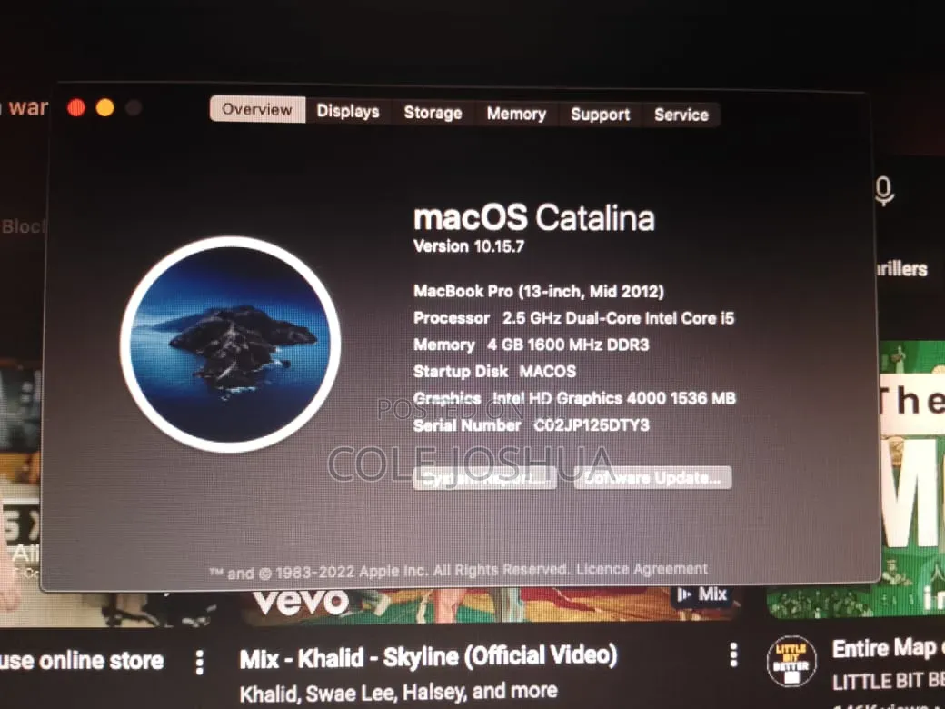 Laptop Apple MacBook Pro 2012 4GB Intel Core i5 HDD 500GB
