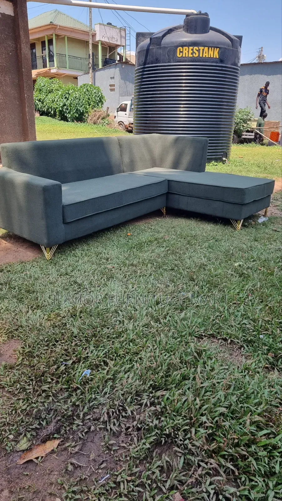 Modern L Sofa in Pale Green Fabric