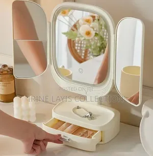 Trifold LED Lit Desktop Makeup Mirror With Organizer Base.