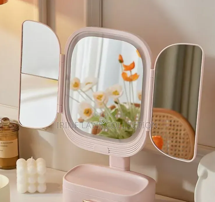 Trifold LED Lit Desktop Makeup Mirror With Organizer Base.