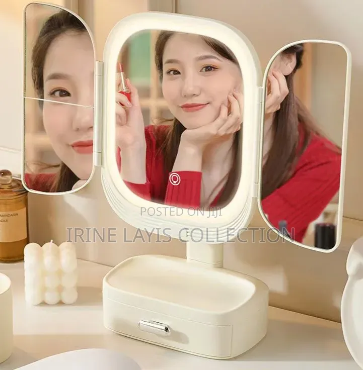 Trifold LED Lit Desktop Makeup Mirror With Organizer Base.