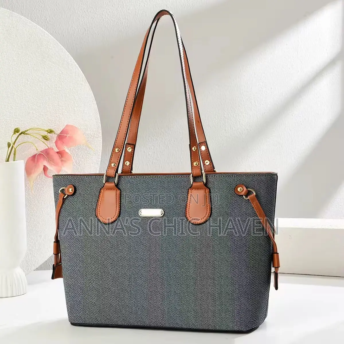Navy Blue Hand and Tote Bag
